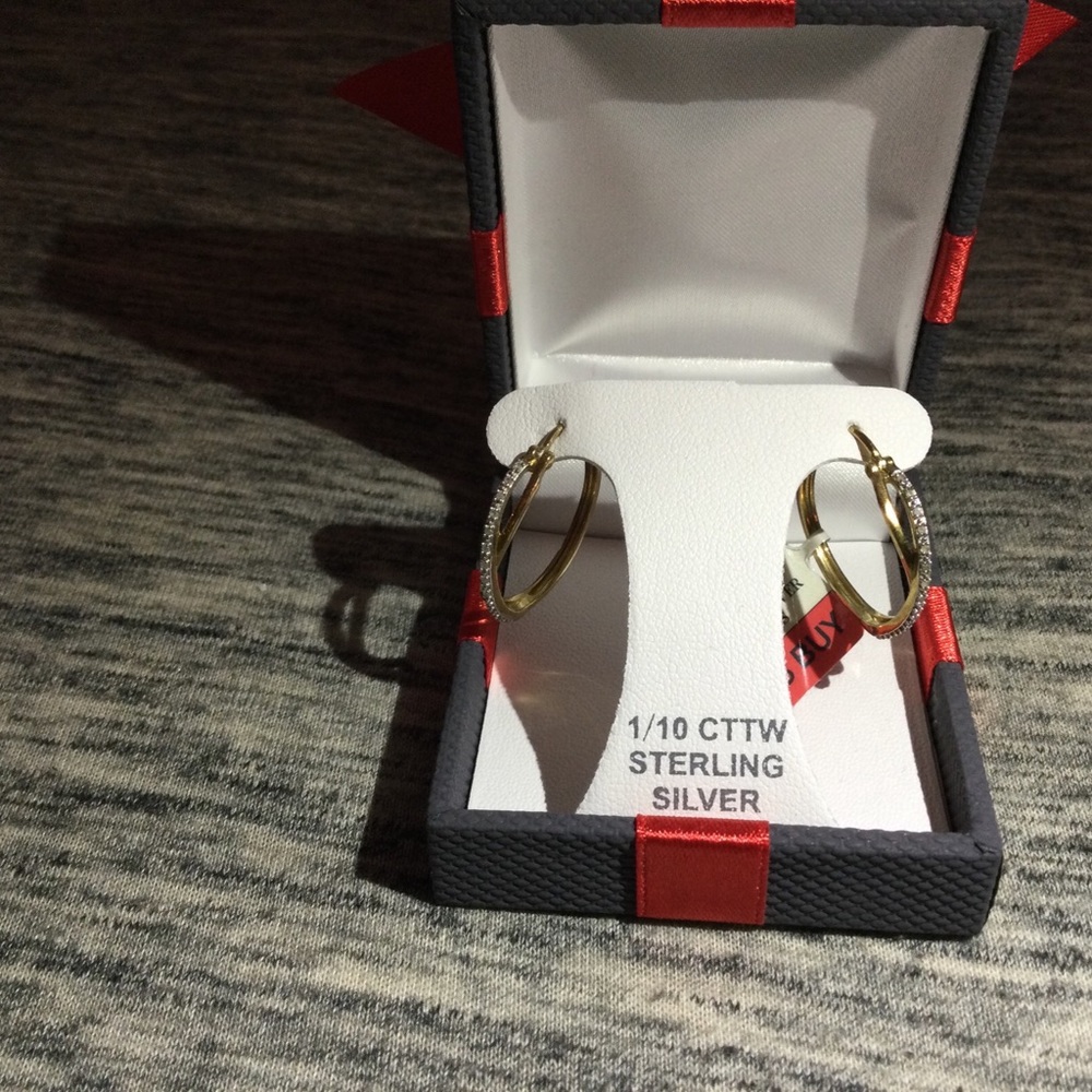 Diamond Earrings, Hoops, 14K Gold Plates over Silver. 26 Diamonds, Clarity 13